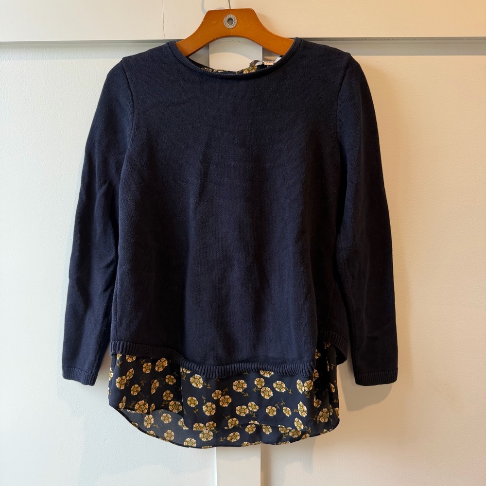 Loft Women’s Sweater Blue Floral Layered-Look Bows 100% Cotton Pullover‎ Small